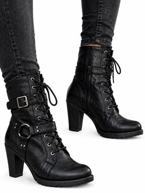 NWOT Xelement Black Leather High Heel Motorcycle Boots with Buckle Size 10